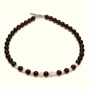 Smoky Quartz & Rose Quartz Beaded Necklace 935 Silver Clasp Minimalist 17” 61 gm